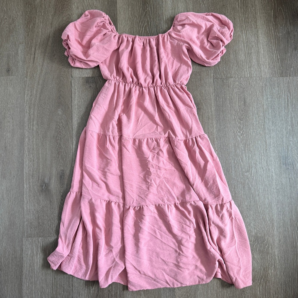See You Monday Tiered Midi Dress Womens Small Pink Puff Sleeve Smocked Waist
